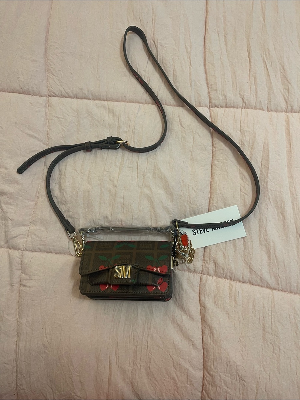 Steve Madden Brown Mini Crossbody with Red Heart Accents